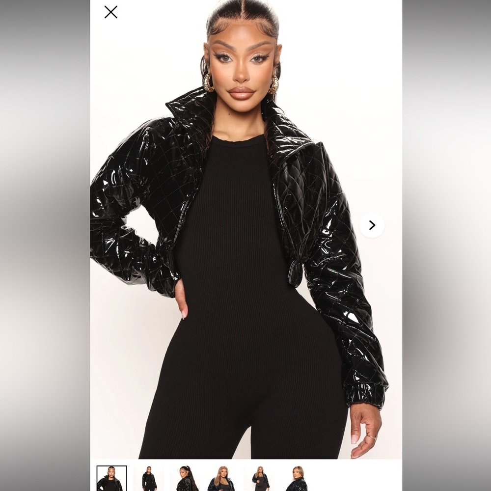 Fashion Nova I look good jacket black patent puffer NWT